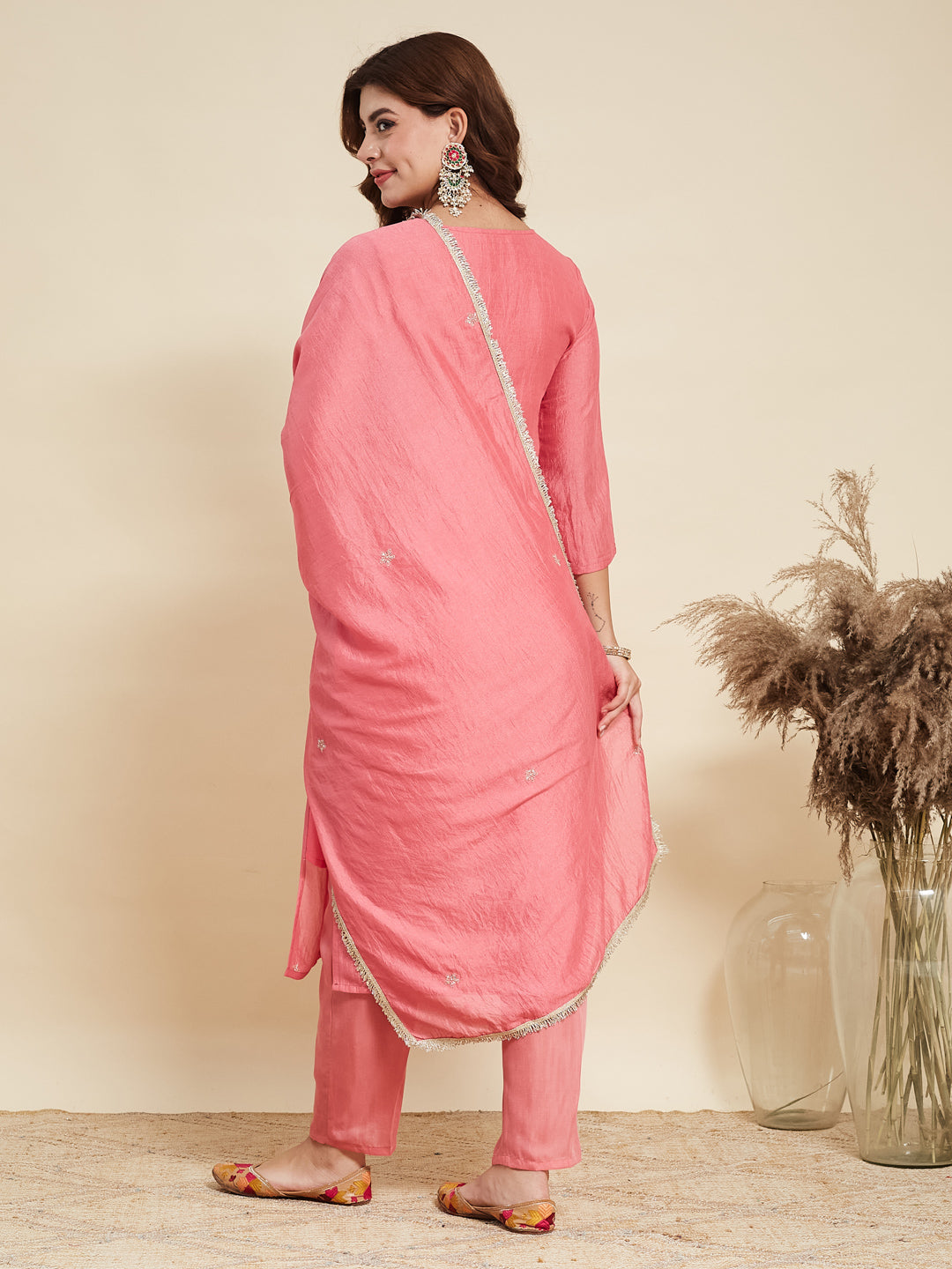 Baby Pink Embroidered Silk Kurta with Dupatta Set
