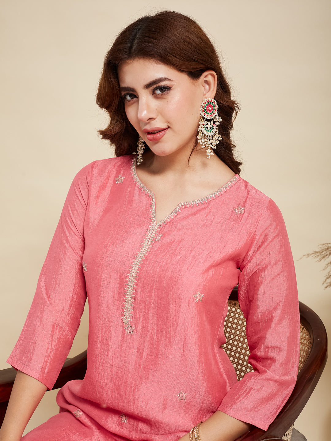 Baby Pink Embroidered Silk Kurta with Dupatta Set