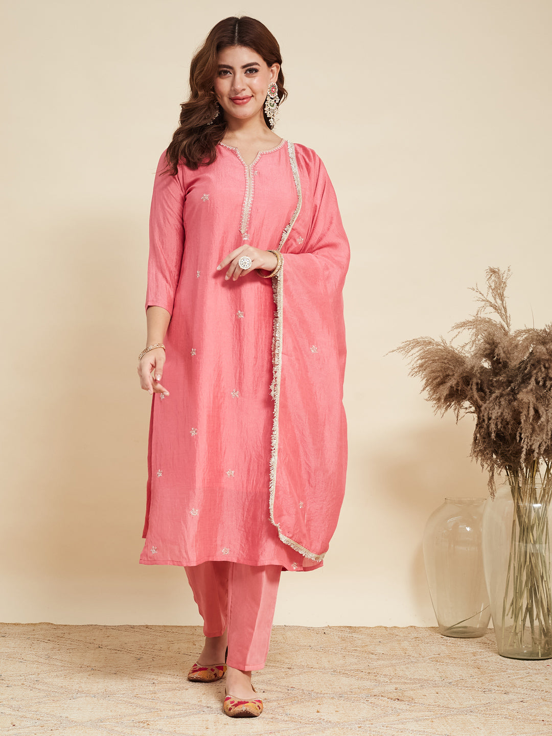 Baby Pink Embroidered Silk Kurta with Dupatta Set