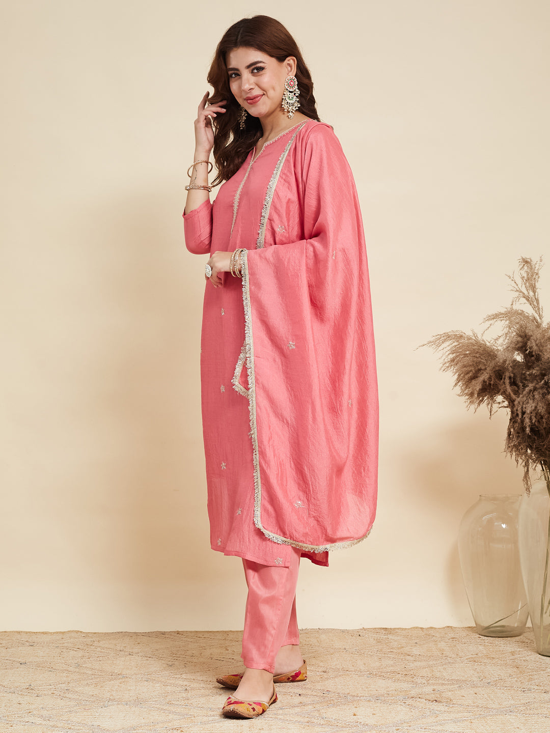Baby Pink Embroidered Silk Kurta with Dupatta Set