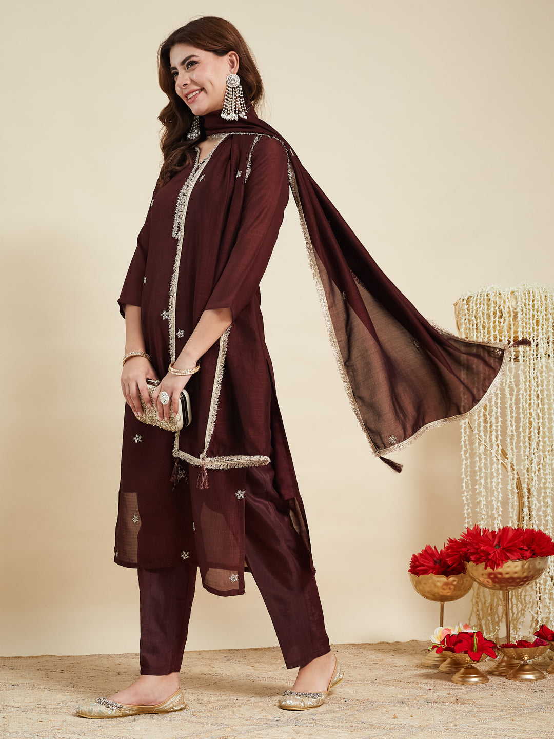 Coffee Embroidered Silk Kurta with Dupatta Set