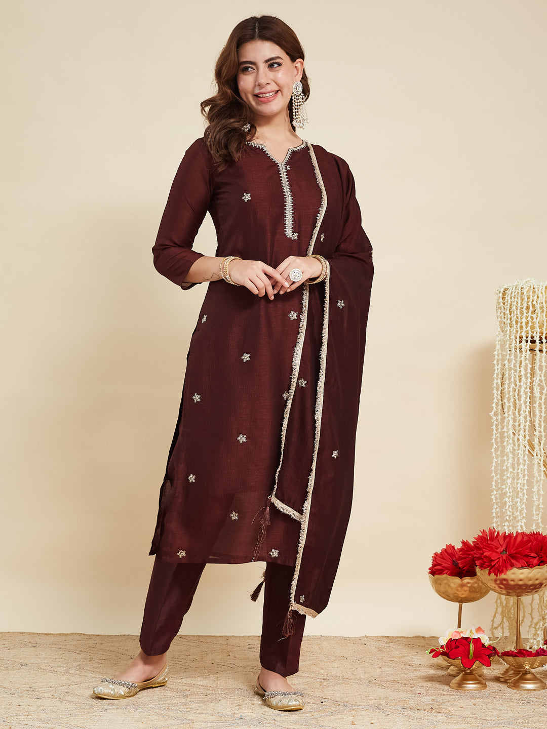 Coffee Embroidered Silk Kurta with Dupatta Set