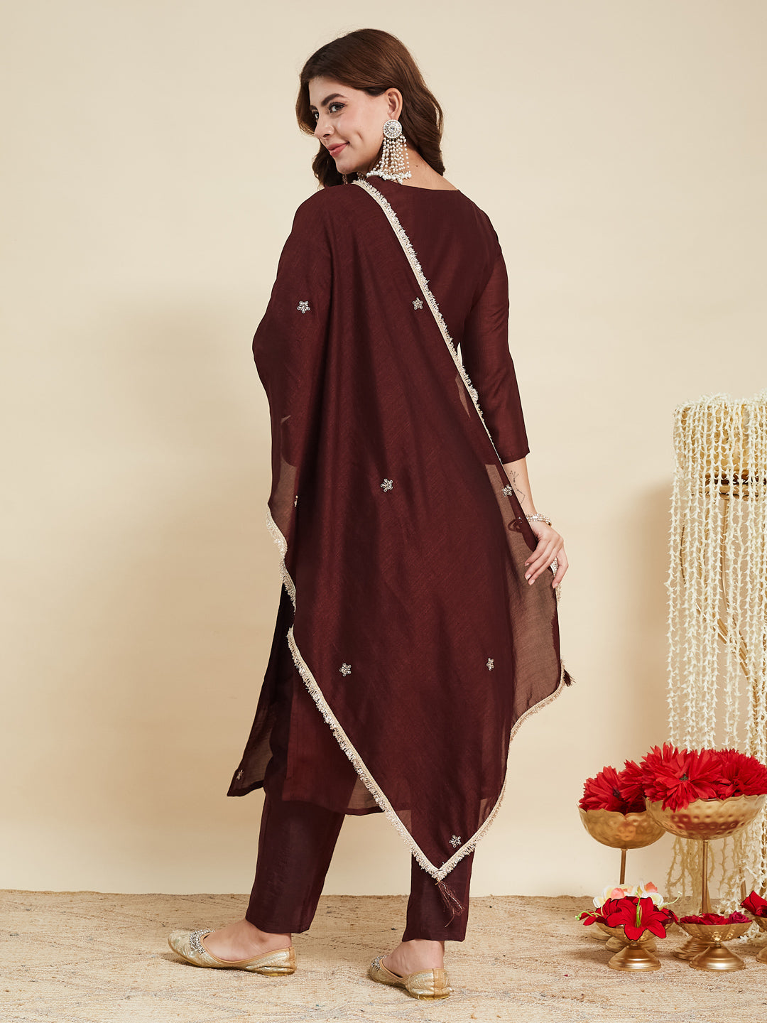 Coffee Embroidered Silk Kurta with Dupatta Set