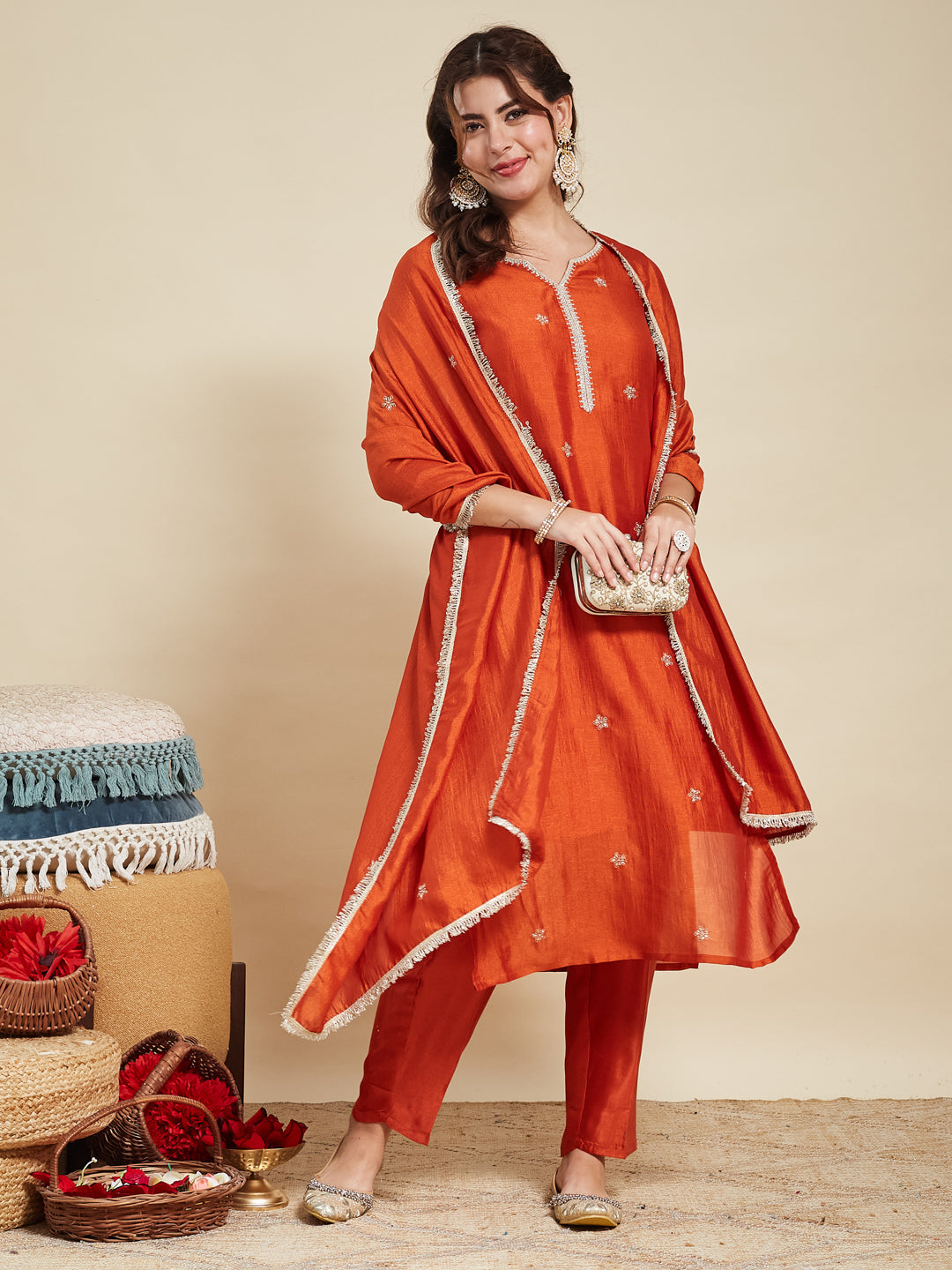 Orange Embroidered Silk Kurta with Dupatta Set