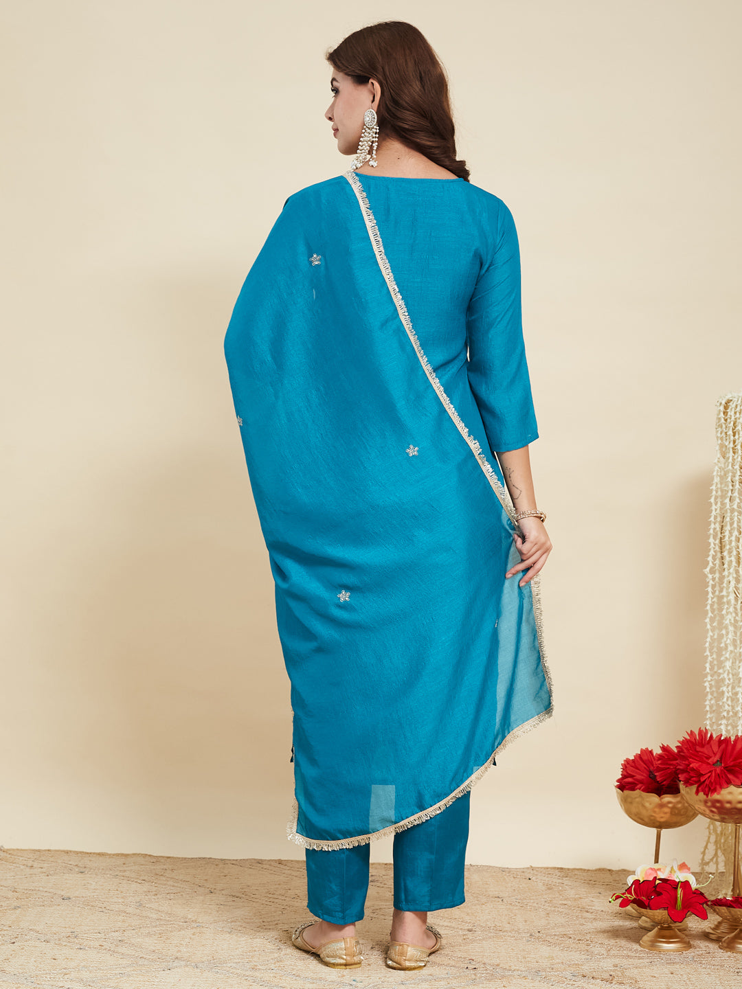 Rama Embroidered Silk Kurta with Dupatta Set