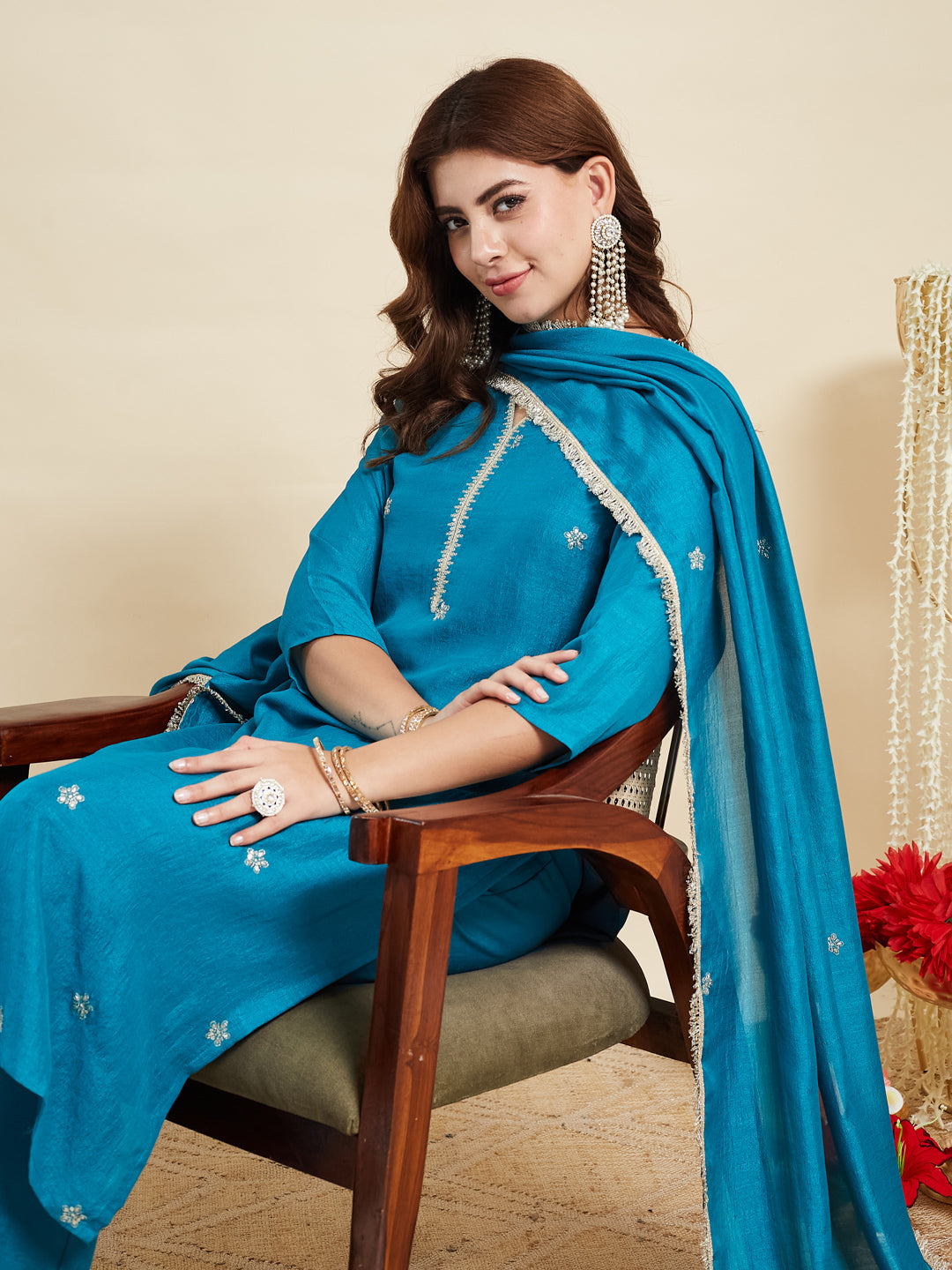Rama Embroidered Silk Kurta with Dupatta Set