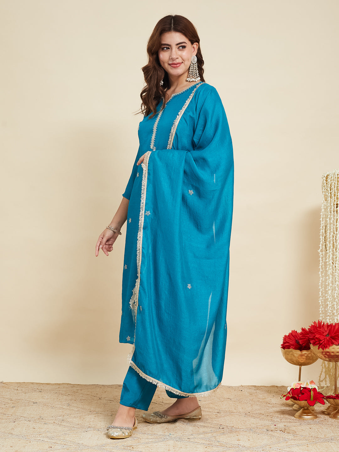 Rama Embroidered Silk Kurta with Dupatta Set