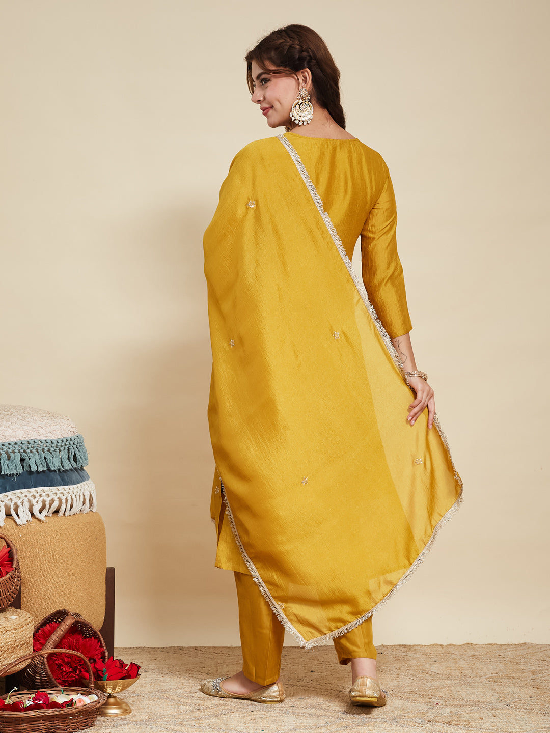 Light Mustard Embroidered Silk Kurta with Dupatta Set