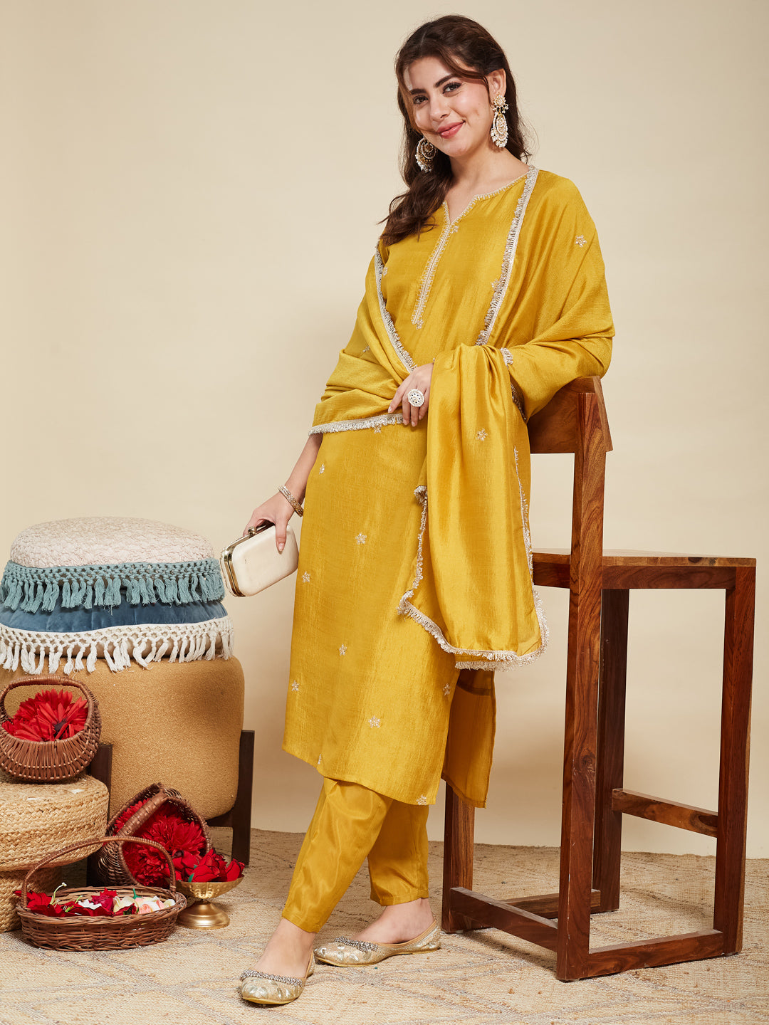 Light Mustard Embroidered Silk Kurta with Dupatta Set