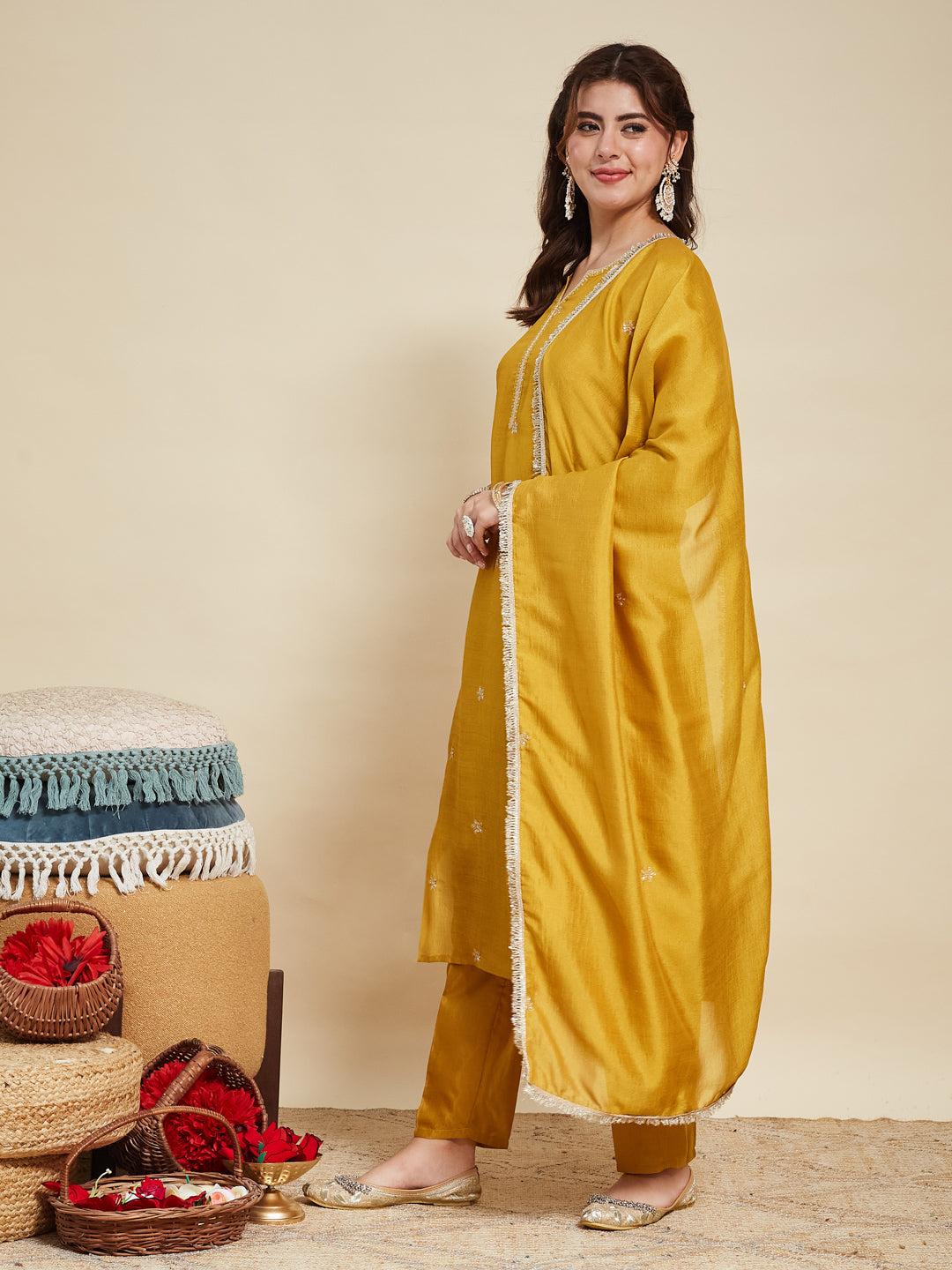 Light Mustard Embroidered Silk Kurta with Dupatta Set