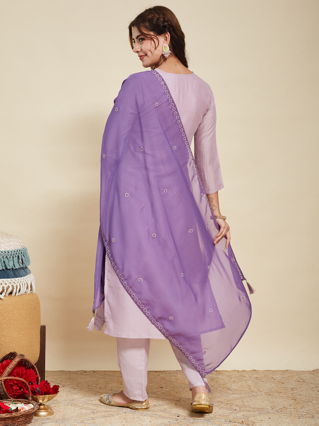Lavender Embroidered Silk Kurta with Dupatta Set