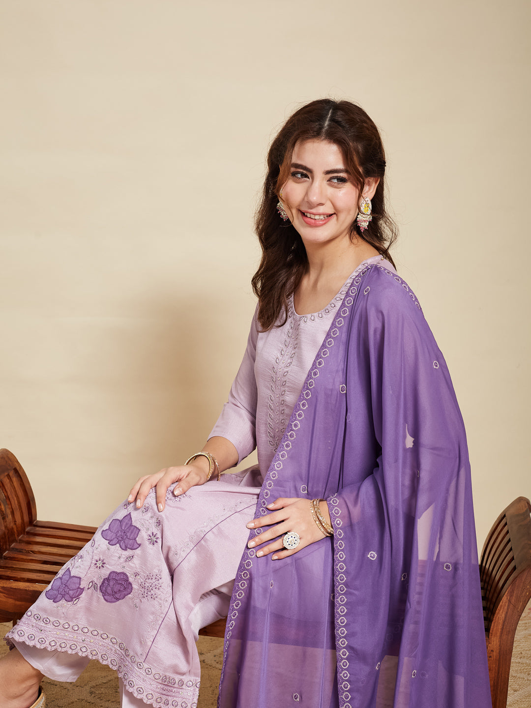 Lavender Embroidered Silk Kurta with Dupatta Set