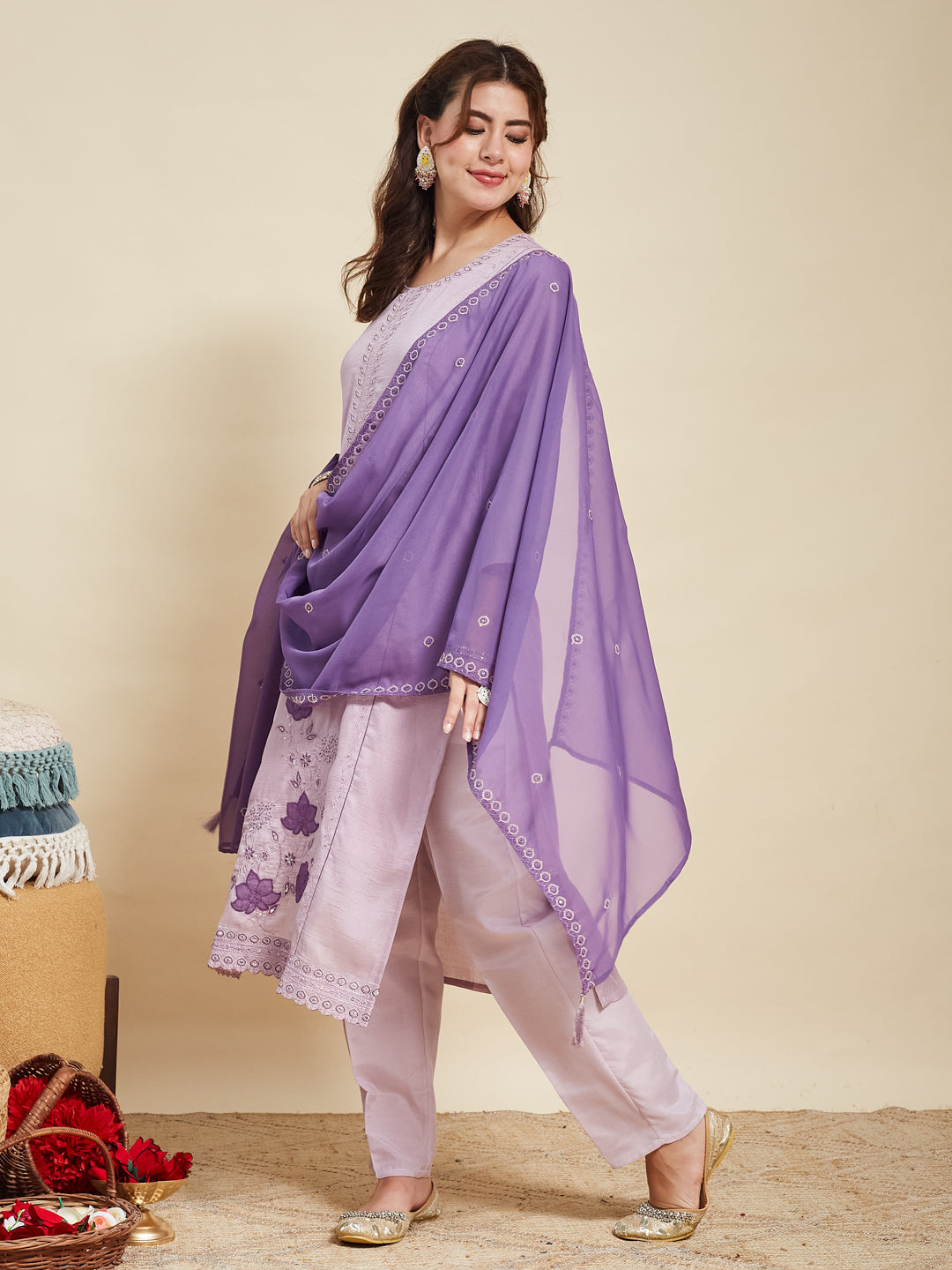 Lavender Embroidered Silk Kurta with Dupatta Set