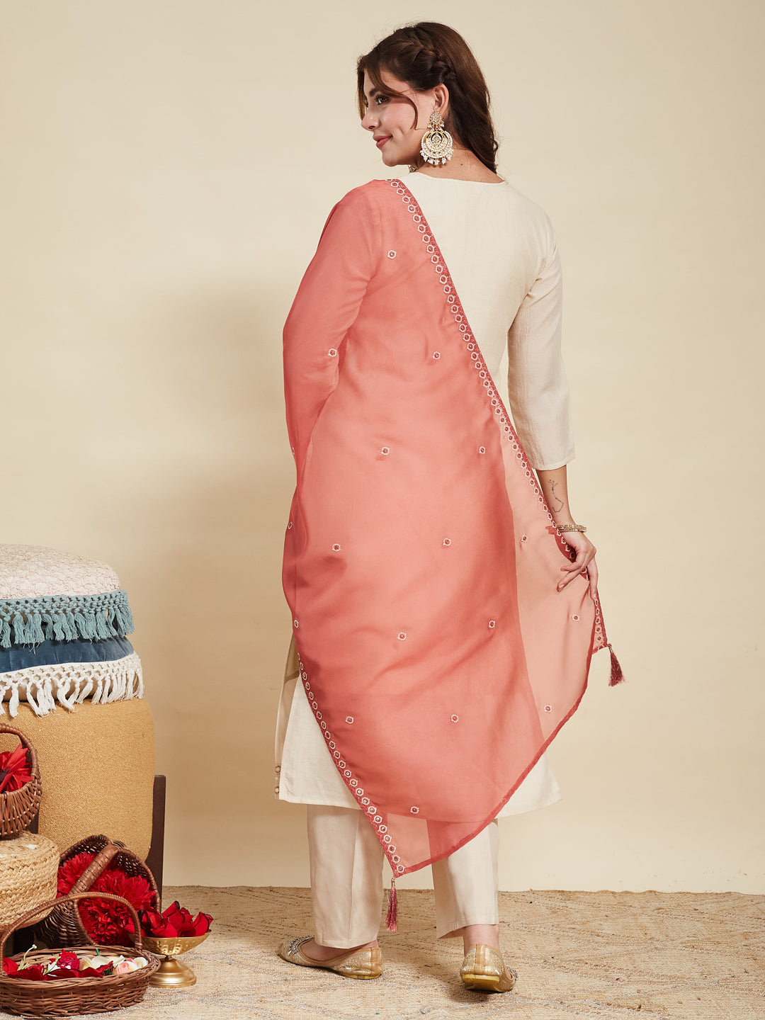 Cream Embroidered Silk Kurta with Dupatta Set