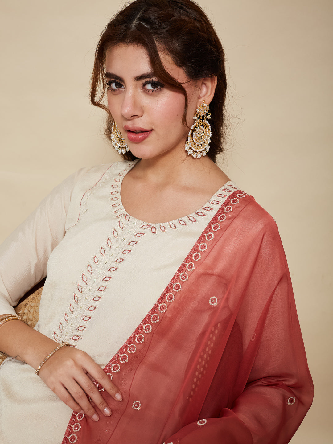 Cream Embroidered Silk Kurta with Dupatta Set
