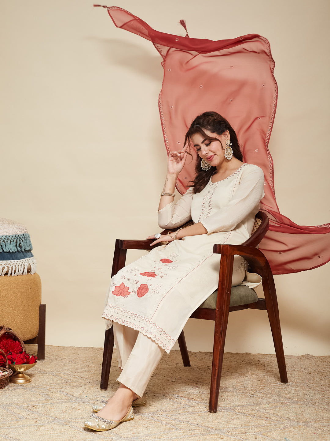 Cream Embroidered Silk Kurta with Dupatta Set