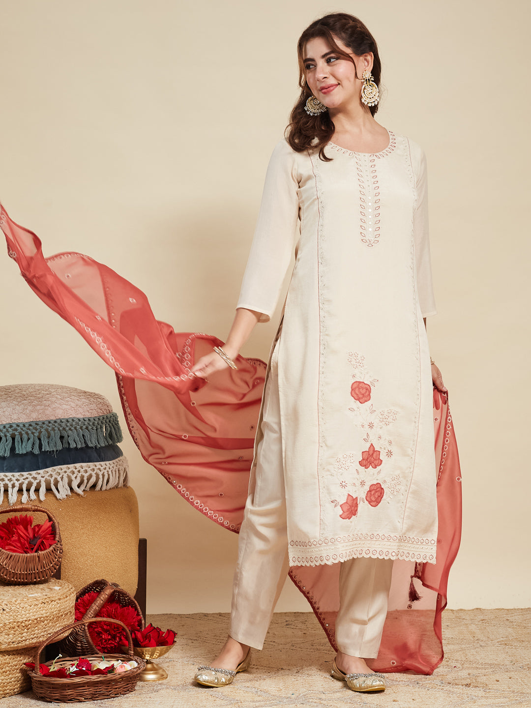 Cream Embroidered Silk Kurta with Dupatta Set