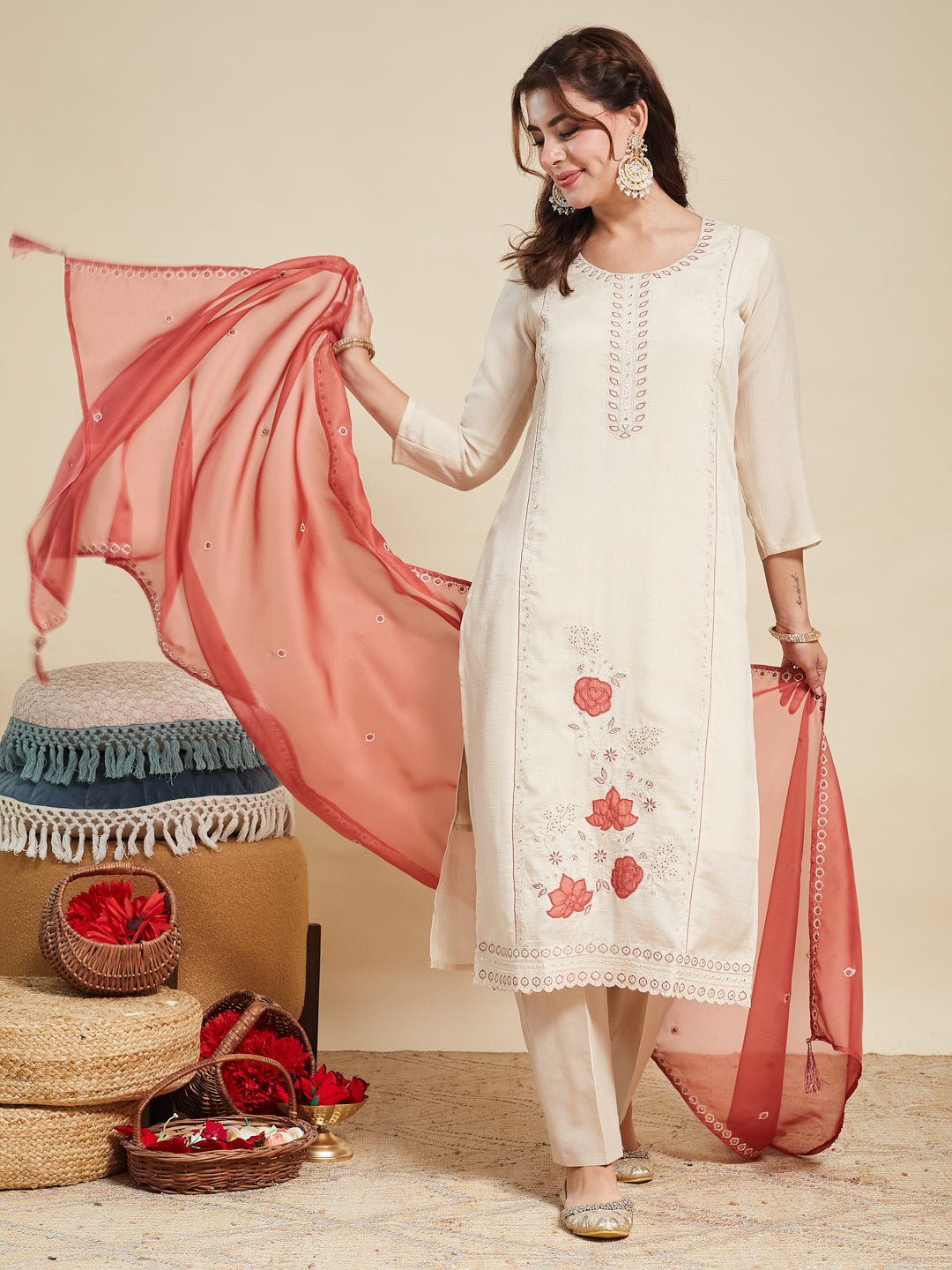 Cream Embroidered Silk Kurta with Dupatta Set