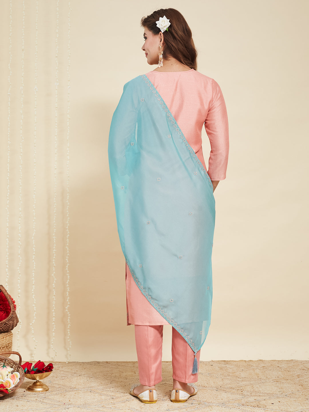 Peach Embroidered Silk Kurta with Dupatta Set