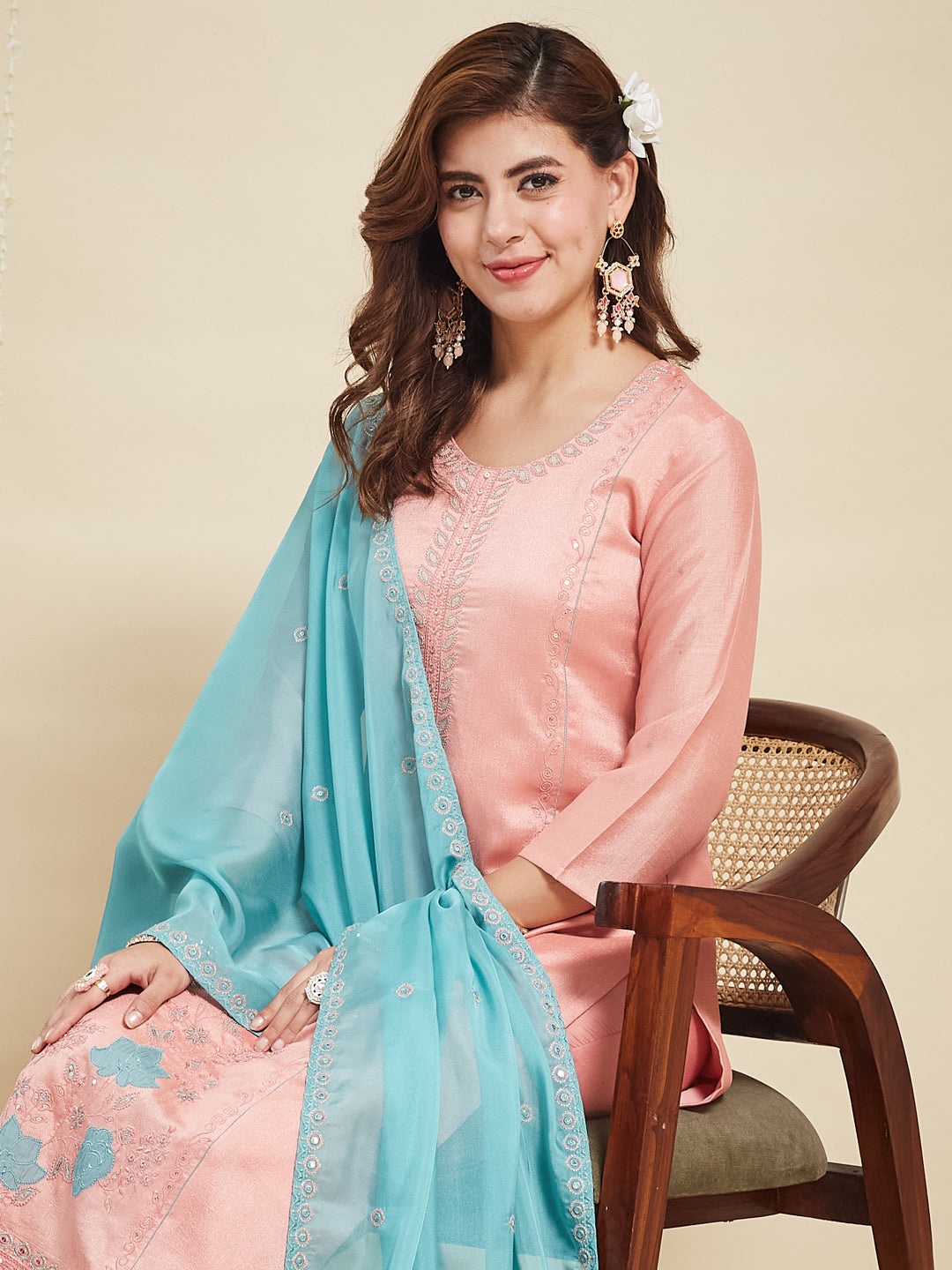 Peach Embroidered Silk Kurta with Dupatta Set