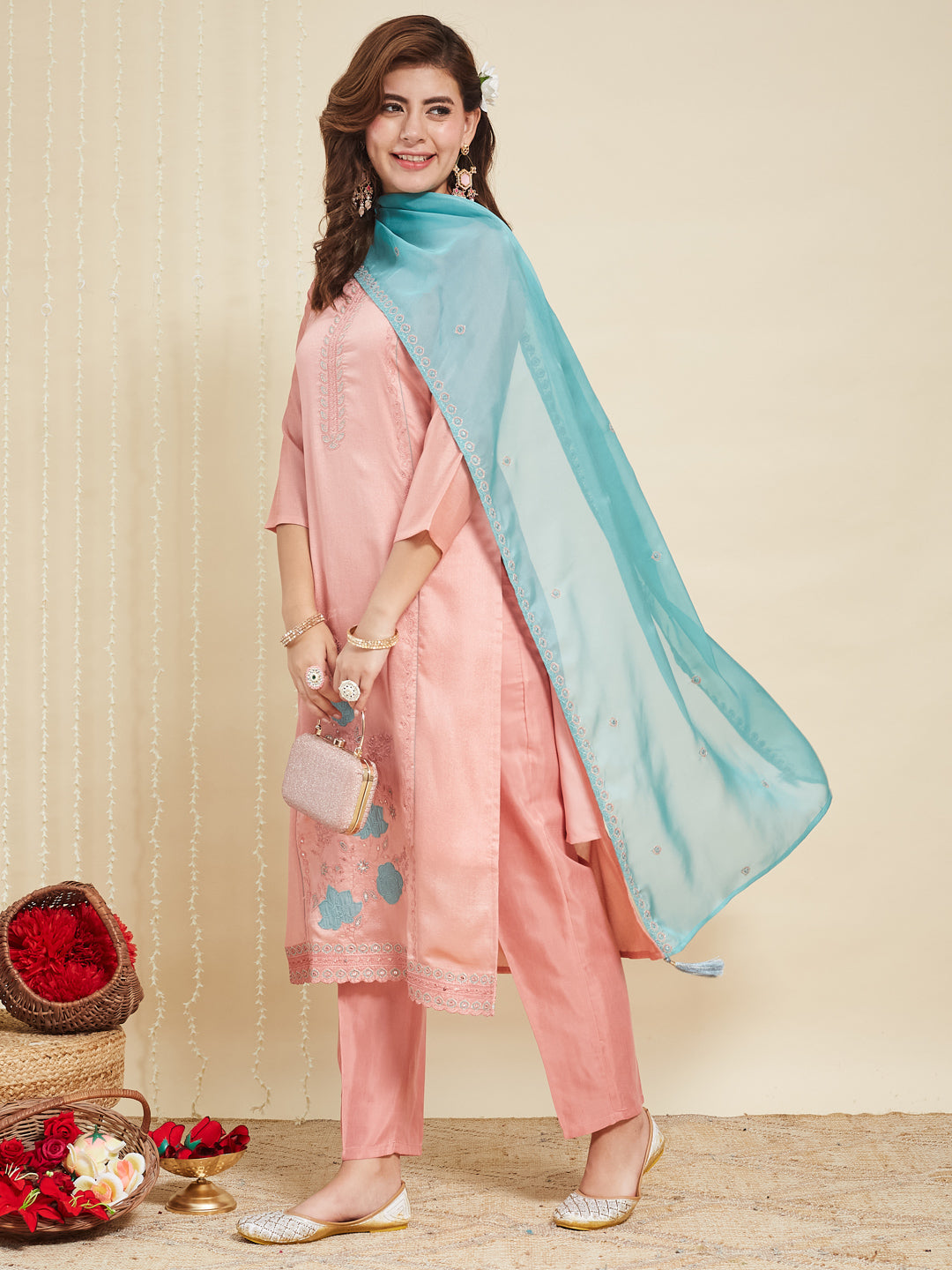 Peach Embroidered Silk Kurta with Dupatta Set