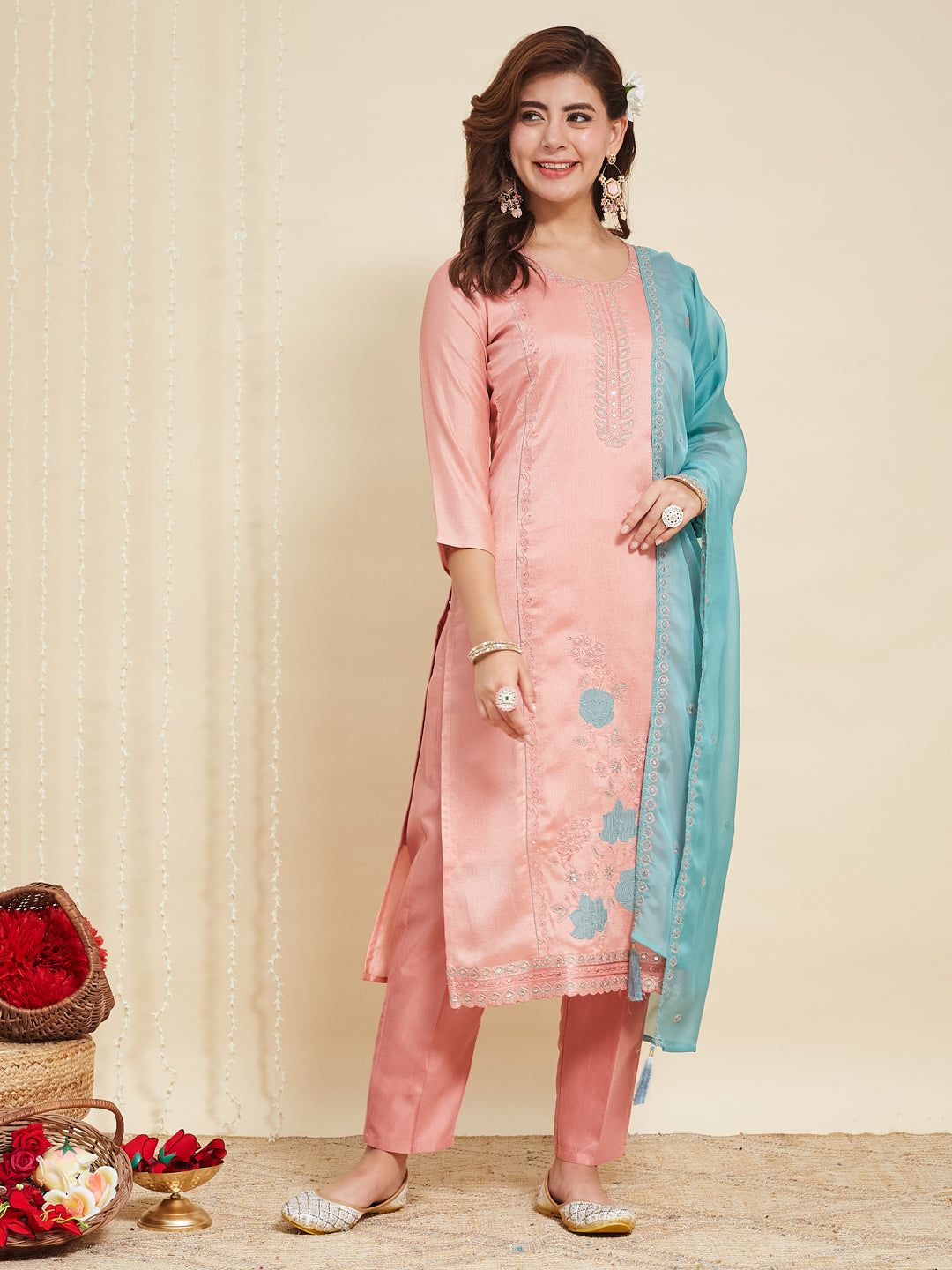 Peach Embroidered Silk Kurta with Dupatta Set