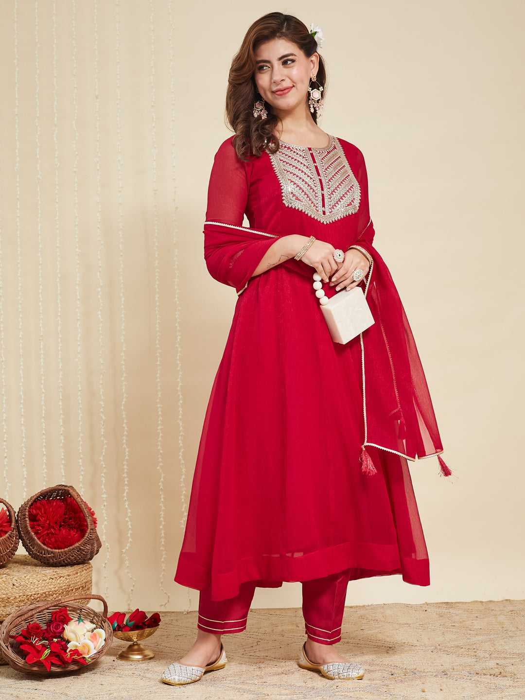 Rani Chiffon Embroidered Anarkali kurta with dupatta set