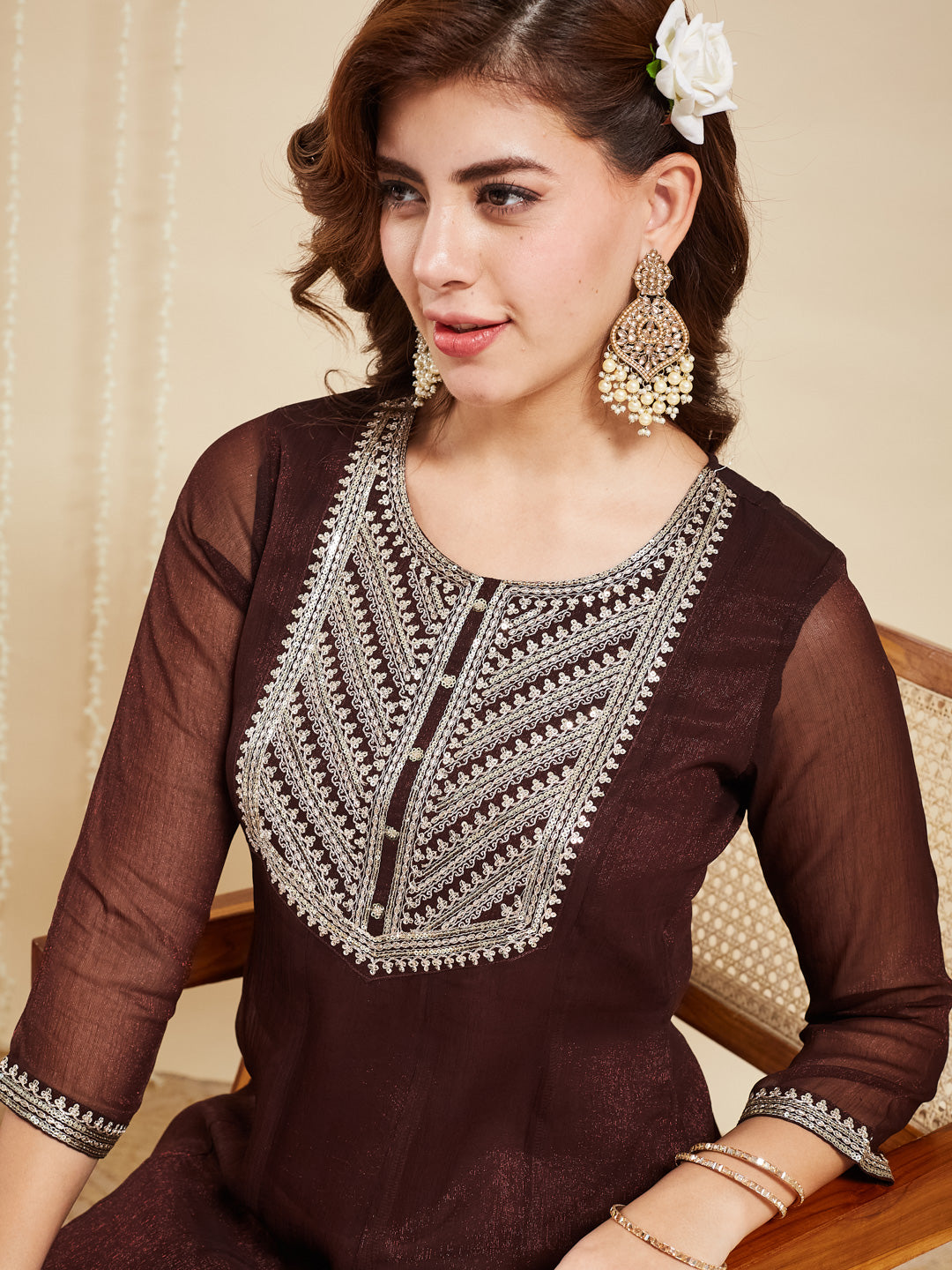 Coffee Chiffon Embroidered Anarkali kurta with dupatta set