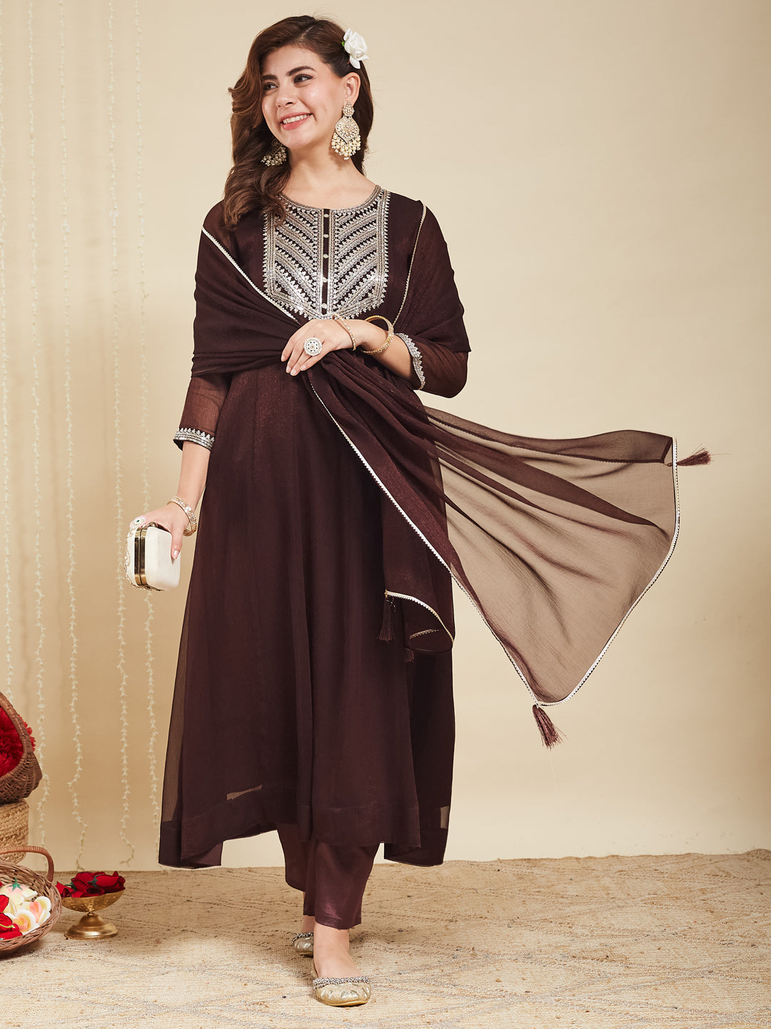 Coffee Chiffon Embroidered Anarkali kurta with dupatta set