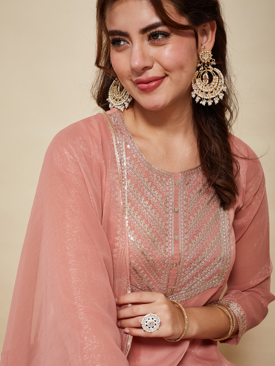 Peach Chiffon Embroidered Anarkali kurta with dupatta set