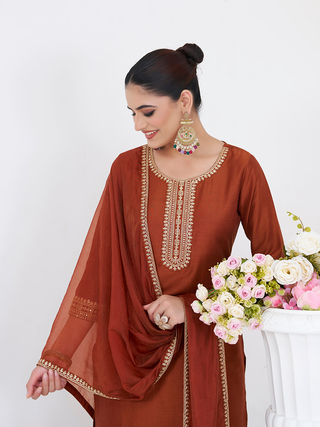 Coffee Embroidered Chinon Kurta with Dupatta Set