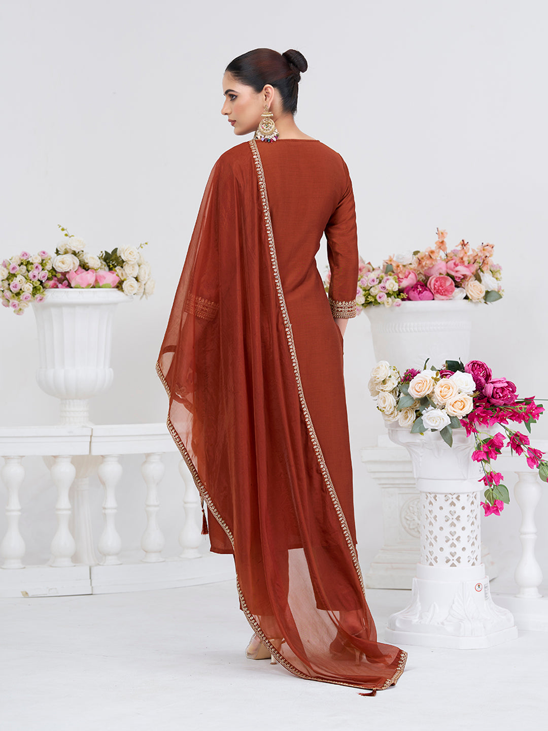 Coffee Embroidered Chinon Kurta with Dupatta Set