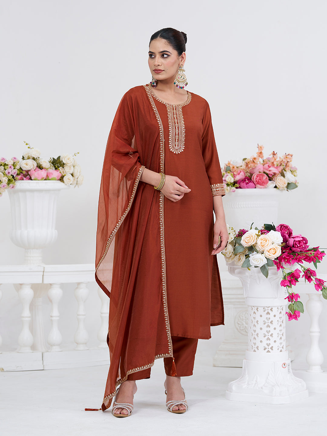 Coffee Embroidered Chinon Kurta with Dupatta Set
