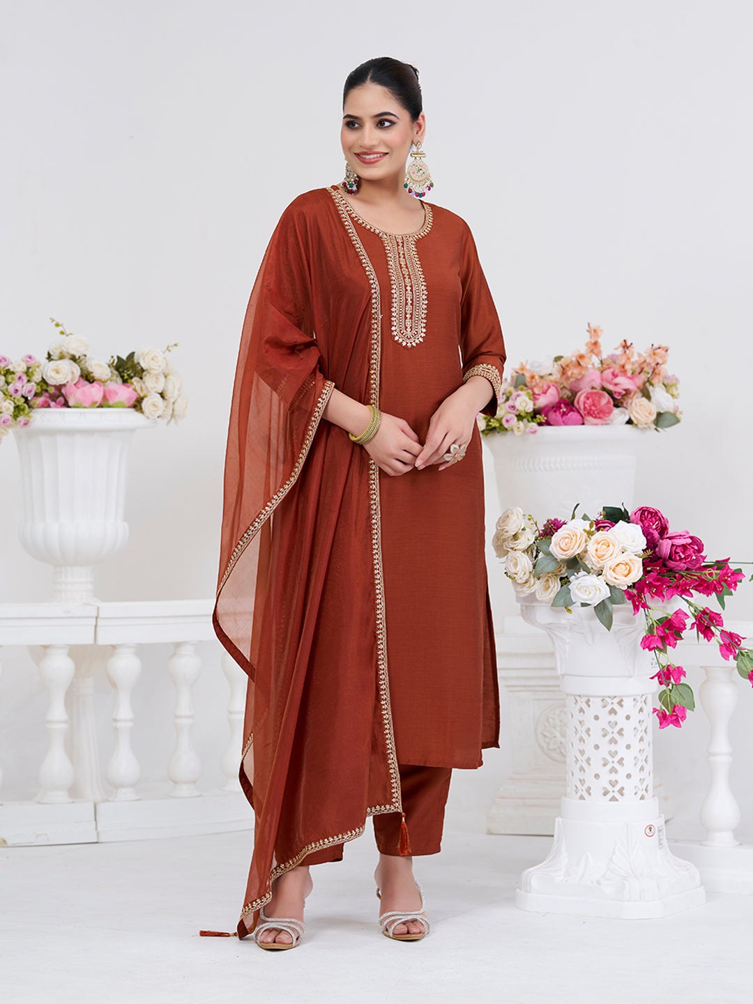 Coffee Embroidered Chinon Kurta with Dupatta Set
