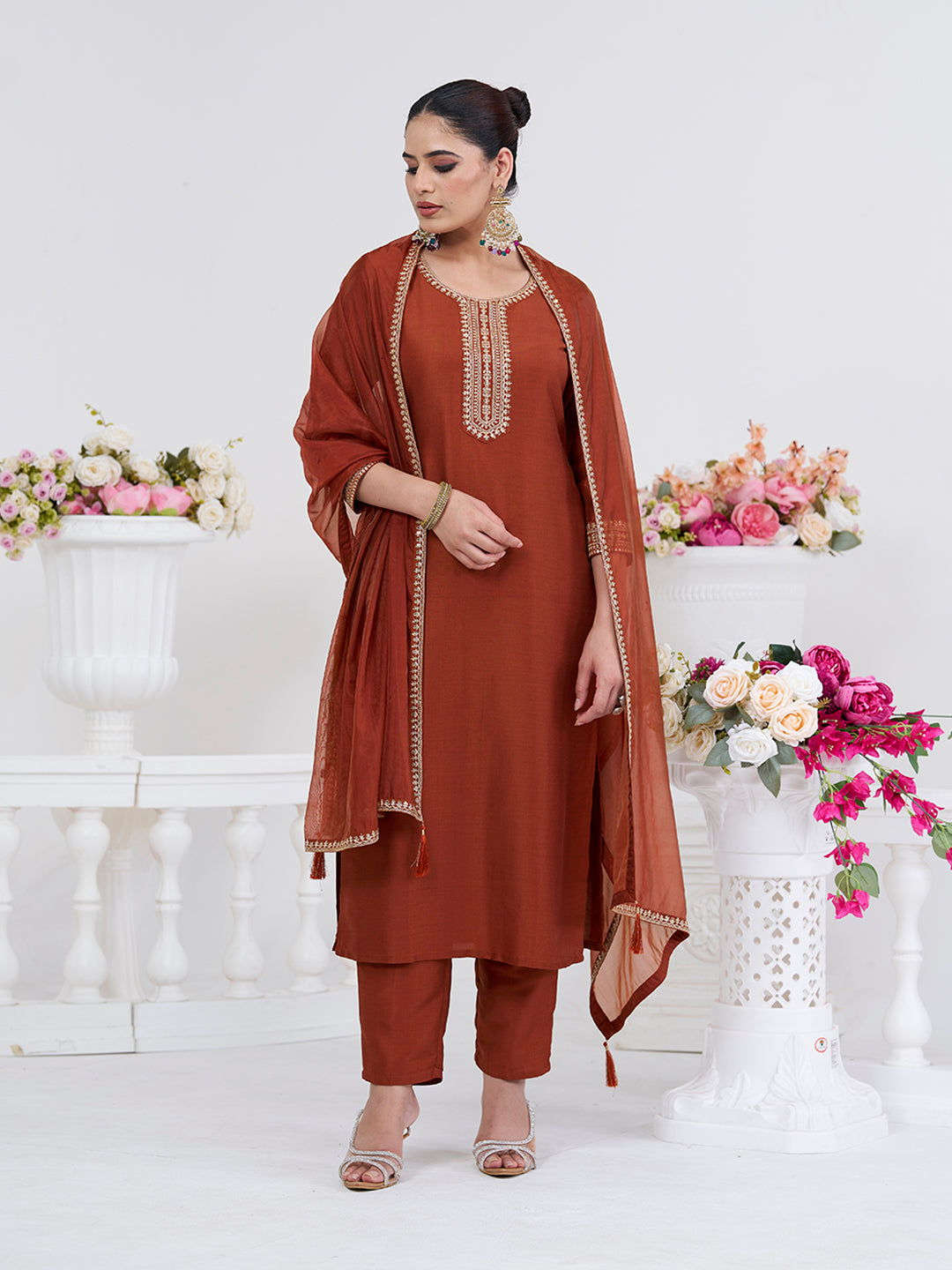 Coffee Embroidered Chinon Kurta with Dupatta Set