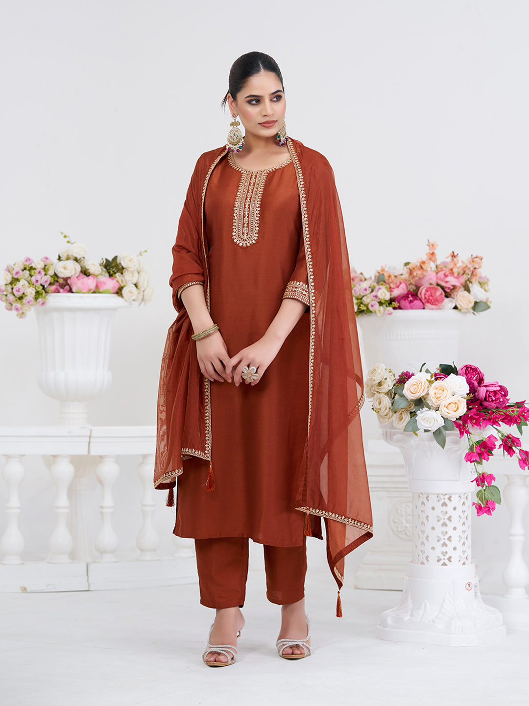 Coffee Embroidered Chinon Kurta with Dupatta Set