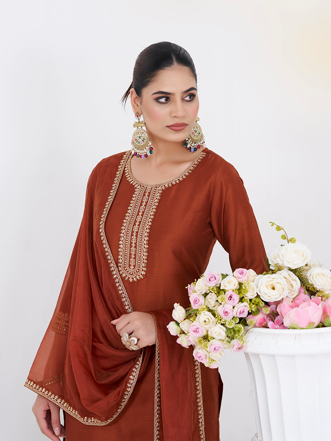 Coffee Embroidered Chinon Kurta with Dupatta Set