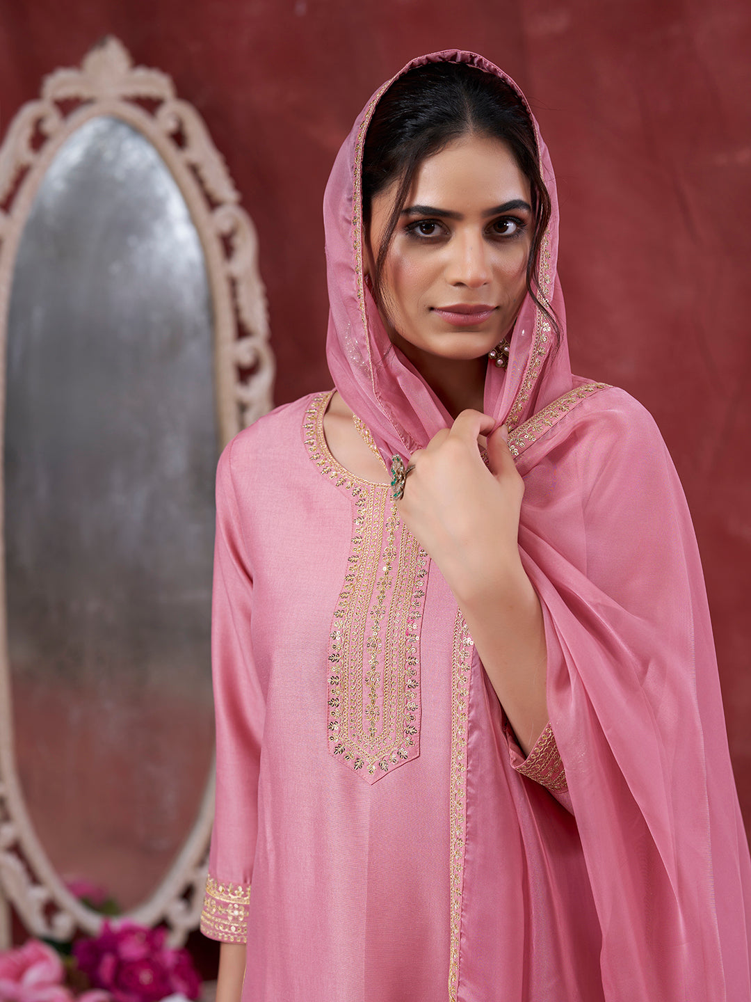 Pink Embroidered Chinon Kurta with Dupatta Set