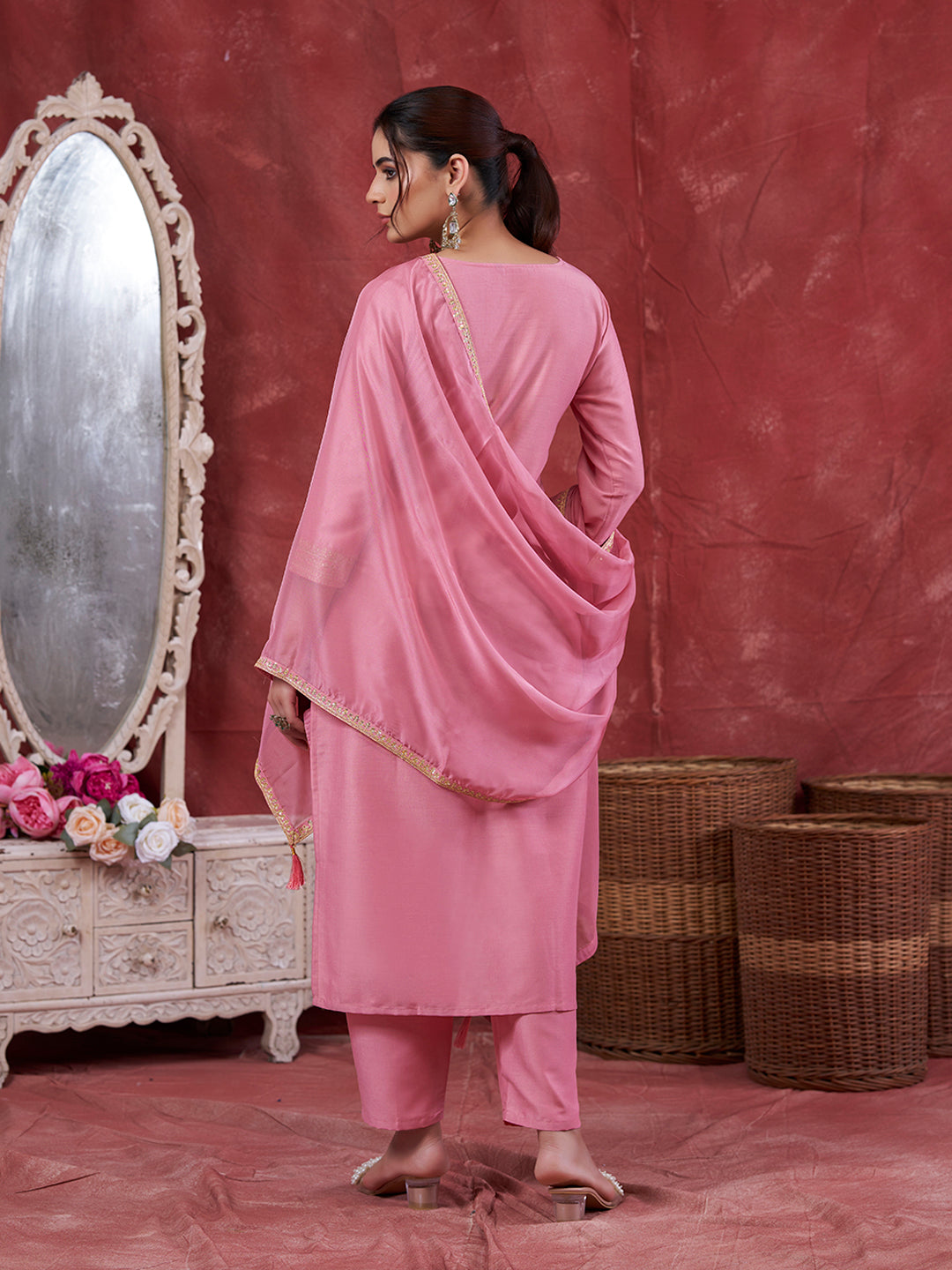Pink Embroidered Chinon Kurta with Dupatta Set