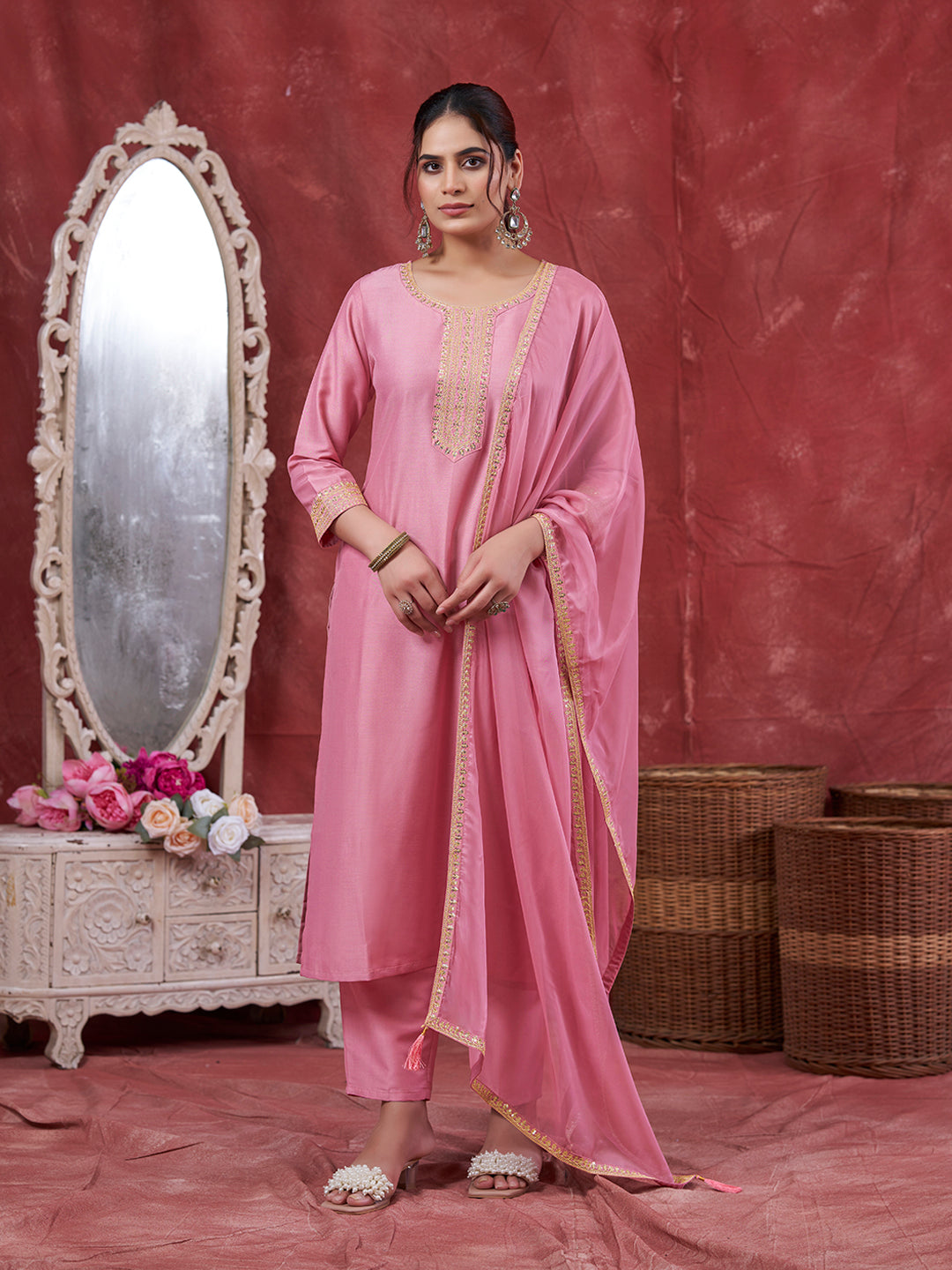 Pink Embroidered Chinon Kurta with Dupatta Set