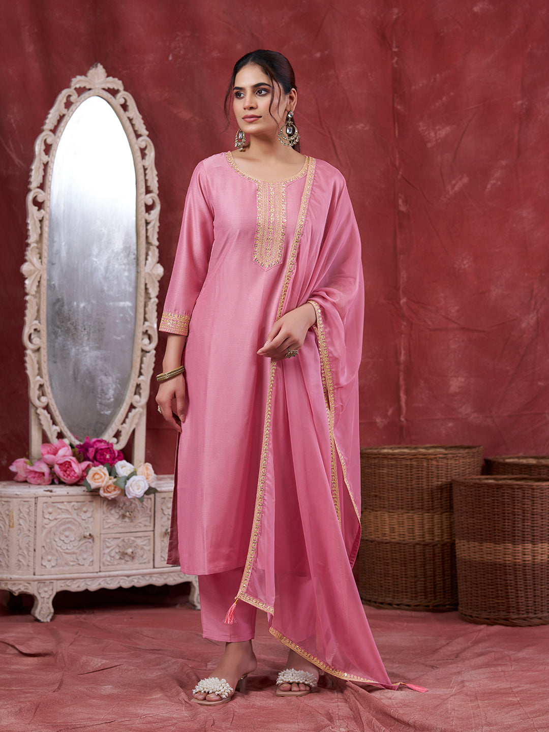 Pink Embroidered Chinon Kurta with Dupatta Set