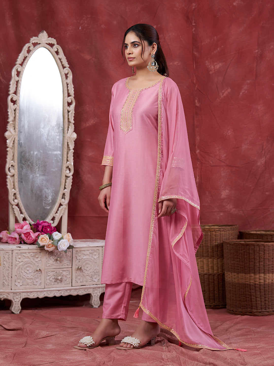 Pink Embroidered Chinon Kurta with Dupatta Set