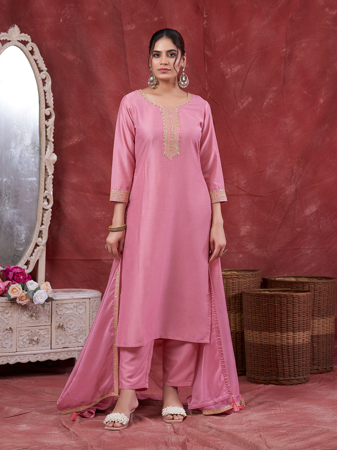 Pink Embroidered Chinon Kurta with Dupatta Set