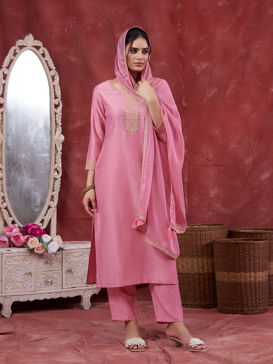 Pink Embroidered Chinon Kurta with Dupatta Set