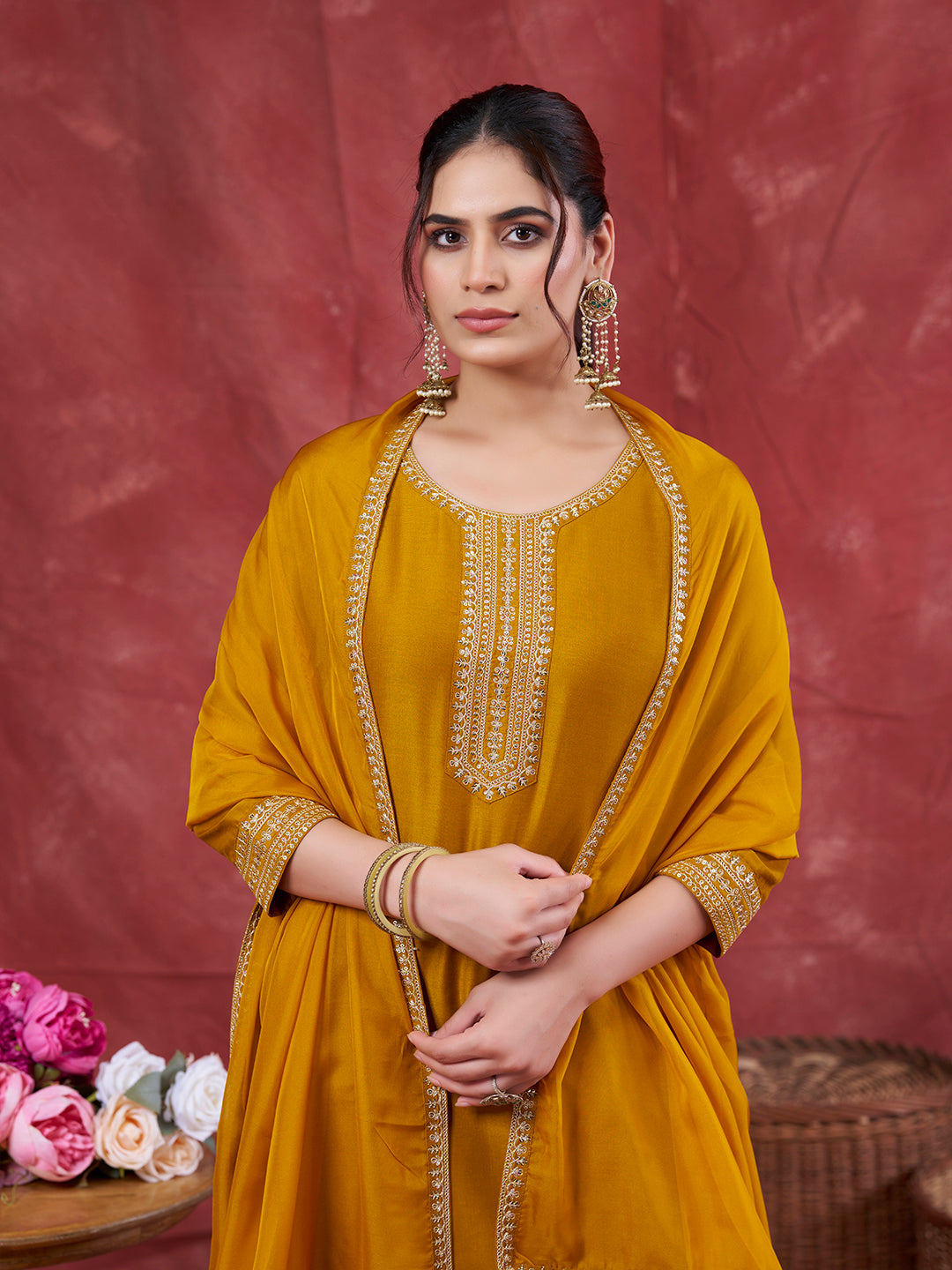 Mustard Embroidered Chinon Kurta with Dupatta Set