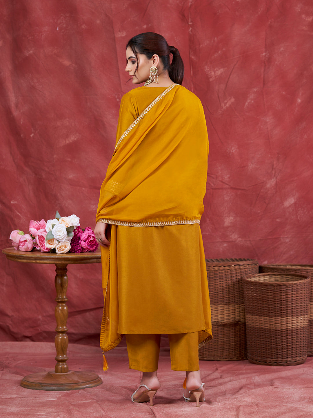 Mustard Embroidered Chinon Kurta with Dupatta Set