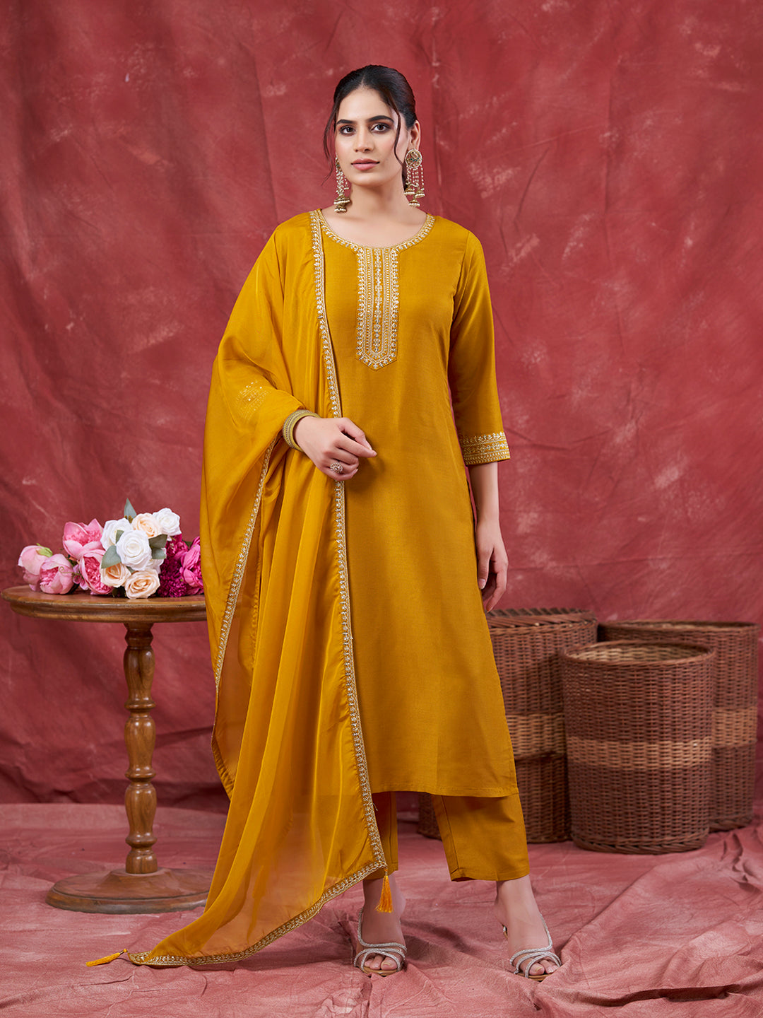 Mustard Embroidered Chinon Kurta with Dupatta Set