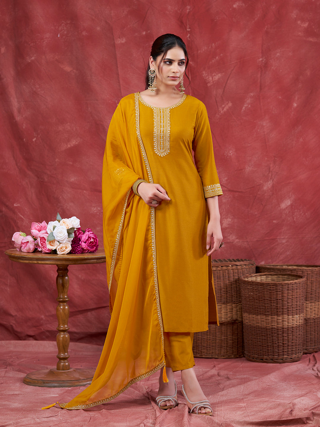 Mustard Embroidered Chinon Kurta with Dupatta Set