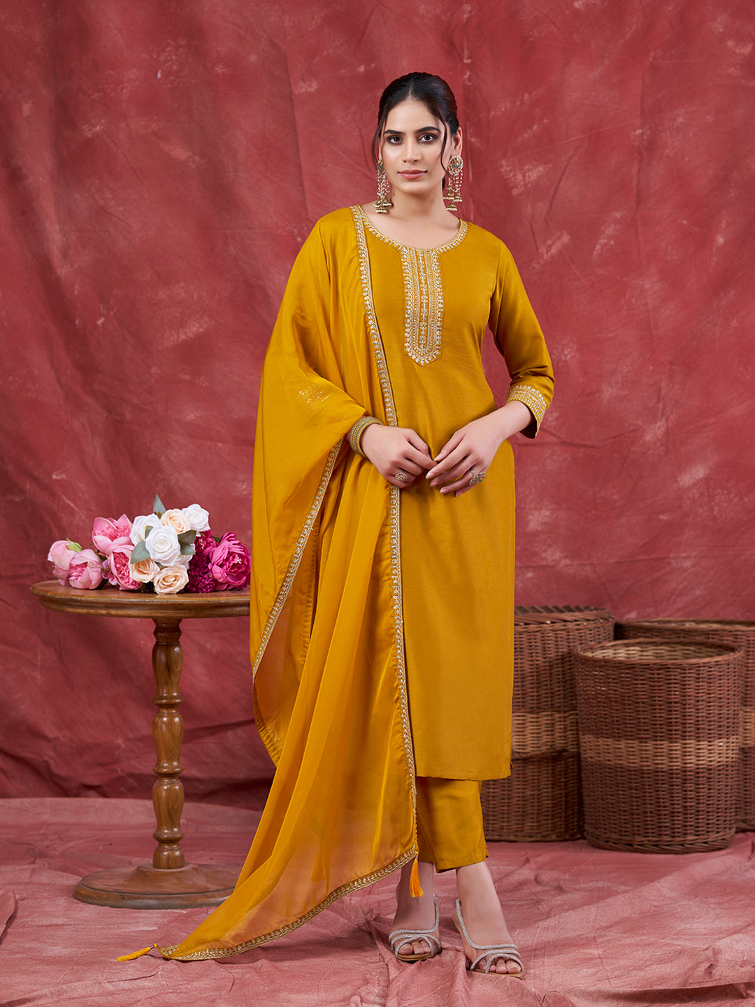 Mustard Embroidered Chinon Kurta with Dupatta Set