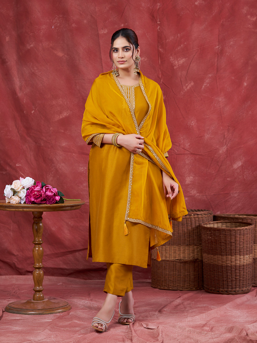 Mustard Embroidered Chinon Kurta with Dupatta Set
